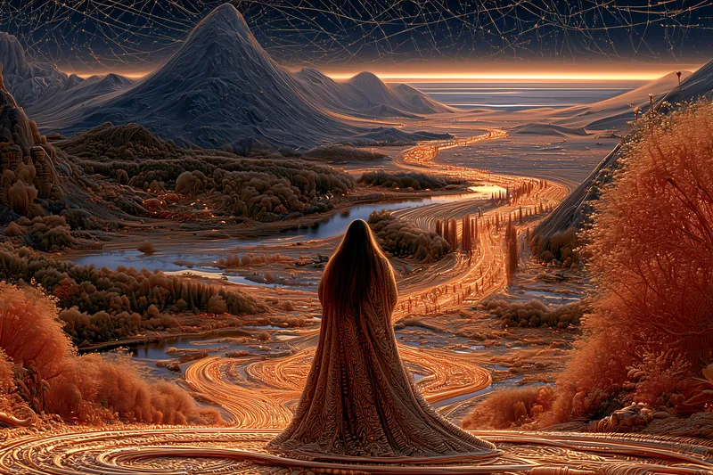 Una figura con capa contempla senderos luminosos que recorren un vasto Paisaje
