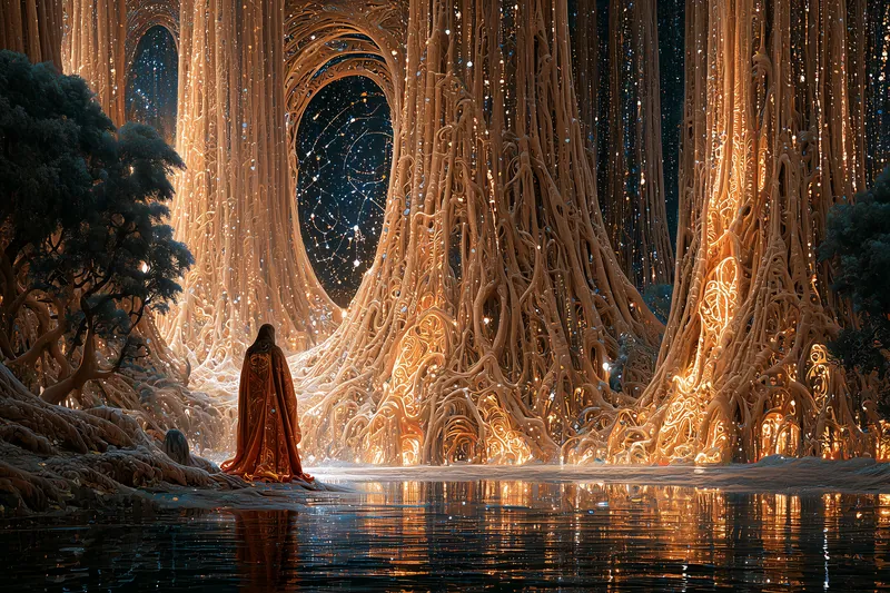 Una figura con capa contempla raíces luminosas y una abertura celestial